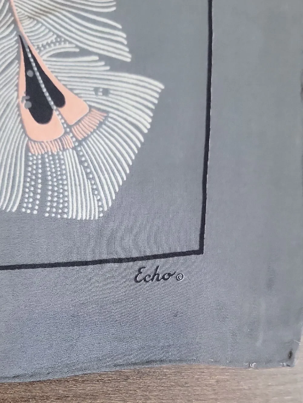 Echo Silk Feather Print Square Scarf in Gray and Peach 31